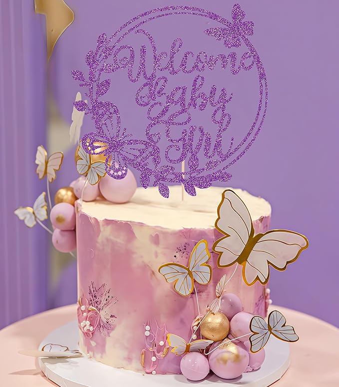Welcome Baby Girl Cake Topper - Deep Purple Glitter Baby Shower Cake Decorations, Baby Girl Cake Decor, for Baby Shower/Birthday Party/Gender Reveal Party Photo Booth Props