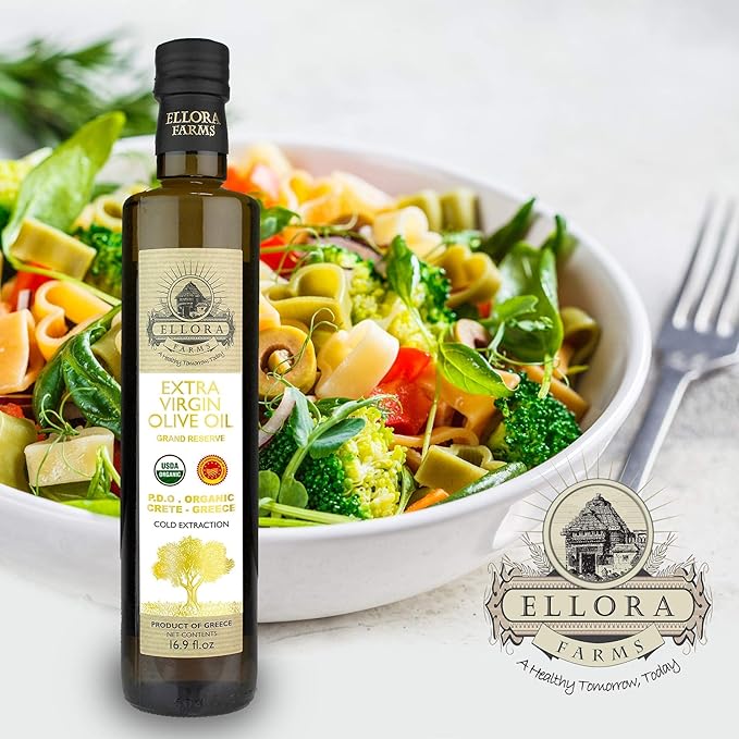 Ellora Farms, Organic Greek Extra Virgin Olive Oil, Single Estate PDO Messara, High Polyphenol, Traceable, Kosher, Glass Bottle in gift box, 17 FL oz