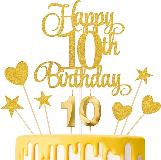 10th Birthday Cake Decorations, 10th Birthday Candles Cake Numeral Candles and Glitter Happy 10th Birthday Cake Toppers Set for Birthday Party Supplies (Gold)