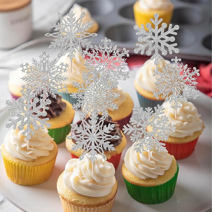 Rsstarxi 24 Pack Snowflake Cupcake Toppers Silver Glitter Winter Frozen Theme Cupcake Picks for Snowflake Winter Wonderland Baby Shower Kids Birthday Christmas Party Cake Decorations