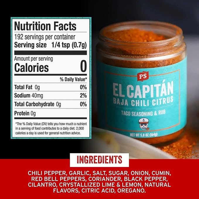 PS Seasoning El Capitan - Baja Chili Citrus Street Taco Seasoning Mix, Dry BBQ Rub for Tacos, Fajitas, Chicken, Beef, Seafood - Baja Style Mexican Seasoning BBQ Rub for Smoking and Grilling