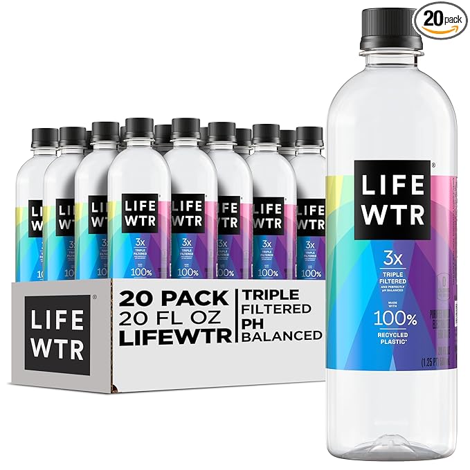 LIFEWTR Premium Purified Water, pH Balanced with Electrolytes, 100% recycled plastic bottles, 20 Fl Oz (Pack of 20), Packaging May Vary