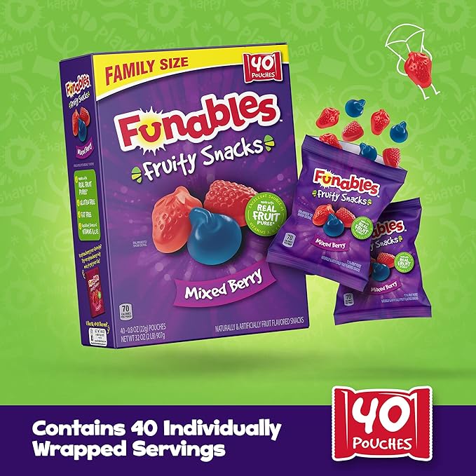 Funables Fruit Snacks, Mixed Berry Fruit Flavored Snacks, 0.8 ounce Pouches (Pack of 80)