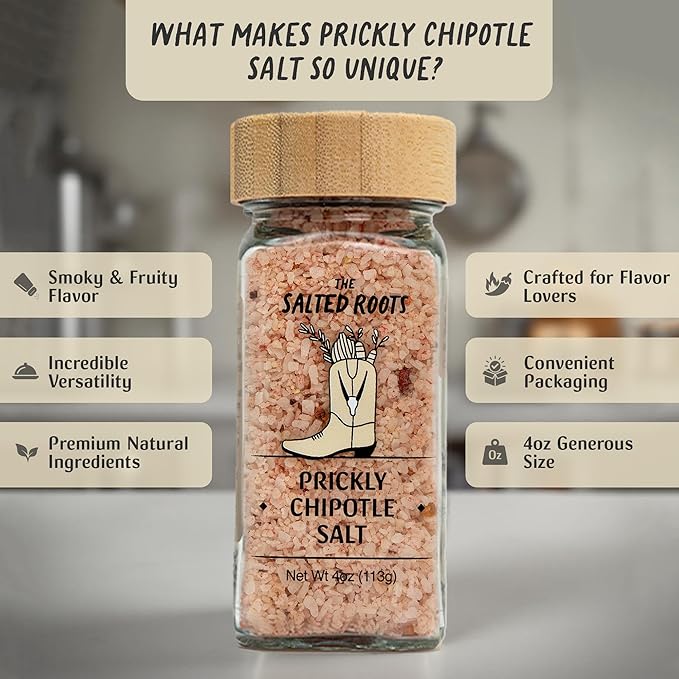 The Salted Roots - Prickly Chipotle Salt - Smoky & Fruity Seasoning - Infused with Prickly Pear, Chipotle Chiles & Lime - Perfect for Fajitas, Grilled Veggies & Cocktails - 4oz