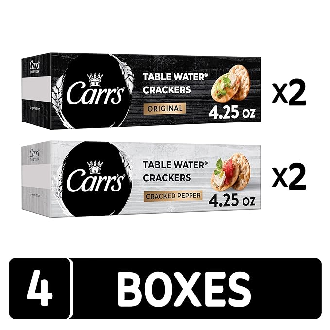 Carr's Table Water Crackers, Baked Snack Crackers, Party Snacks, 2 Flavor Variety Pack (4 Boxes)