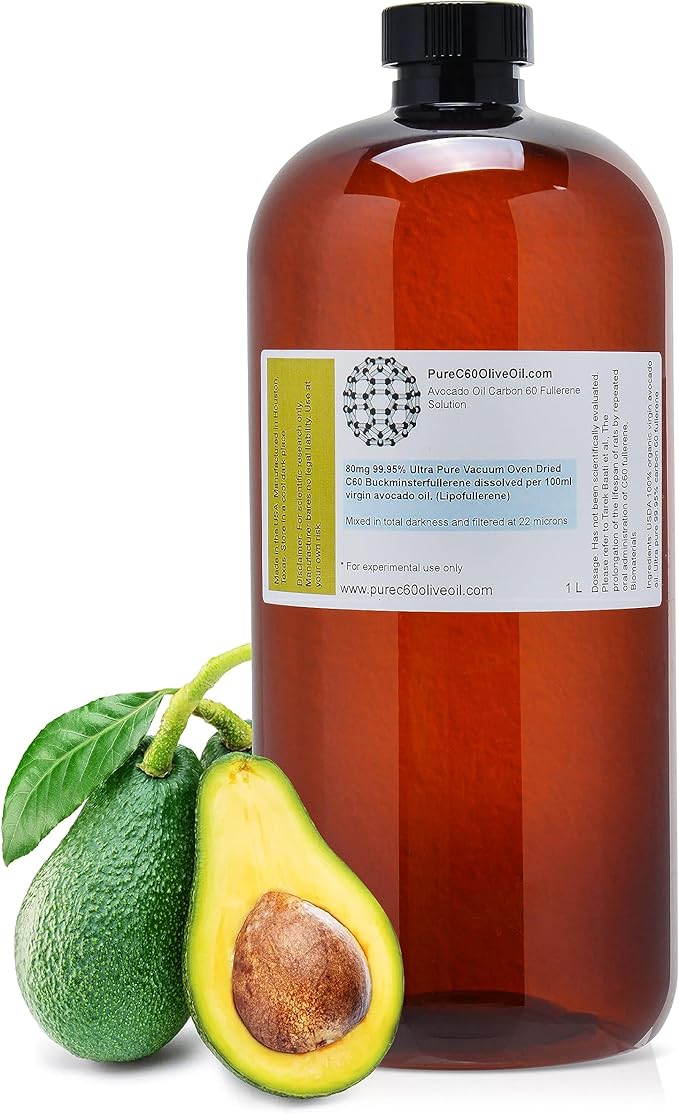 PureC60OliveOil C60 Organic Avocado Oil 1L / 33.8 Fl Oz - 99.95% Carbon 60 Solvent Free 800mg - Amber Glass Bottle - Food Grade - Carbon 60 Avocado Oil - from The Leading Global Producer
