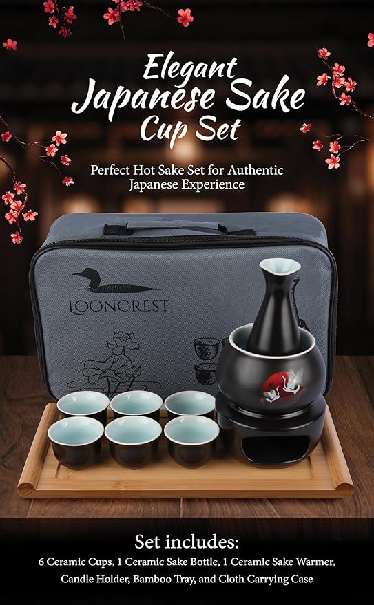 Japanese Sake Cup Set with 6 Ceramic Cups, 1 Ceramic Sake Bottle, 1 Ceramic Sake Warmer, Bamboo Tray, and Cloth Carrying Case - Perfect Hot Sake Set for Authentic Japanese Experience