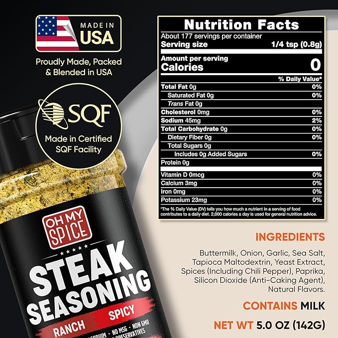 Steak Seasoning Spicy Ranch Seasoning Powder Mix - Gluten Free & Low Sodium Meat Seasonings for Ribeye, Beef & NY Strip Steak. Hot Ranch Powder Steaks Seasonings for Grilling. Dry BBQ Rub Spices. 5oz