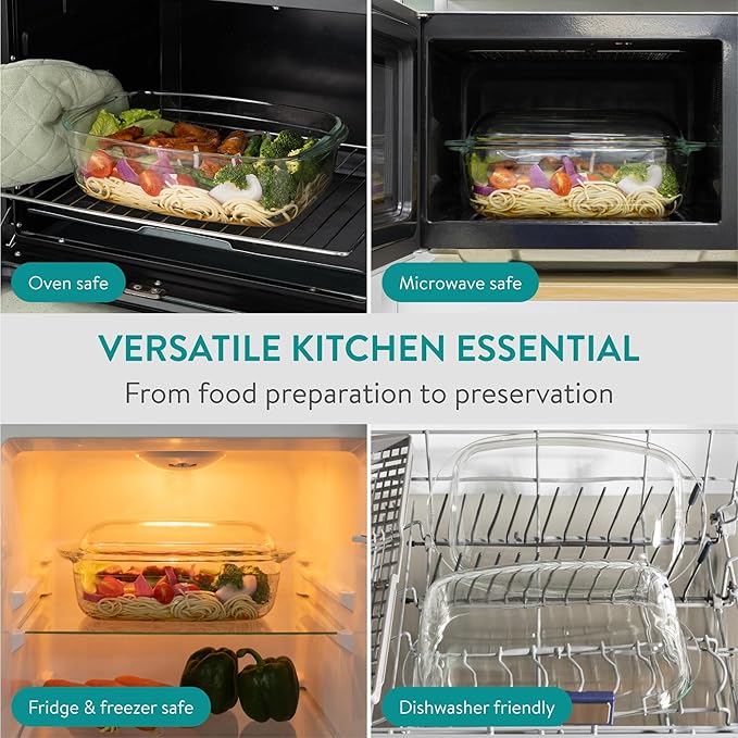 Navaris Rectangular Glass Casserole Dish - 4.5L Capacity for Heat and Cold - Oven Proof Casserole Dishes with Lids - Hob to Oven Ideal for Baking and Serving - Microwave Cookware