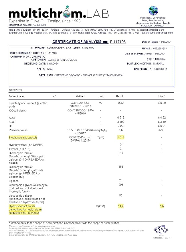 P.J. KABOS 2024/25 Harvest, Extremely High Phenolic (1000+ mg/kg), USDA Organic Greek Extra Virgin Olive Oil, Kosher, Greece, Cold Extracted, 16.9oz Bottle, PJ KABOS ?œFamily Reserve Organic - Phenolic Shot??(6pack)