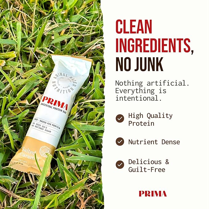 PRIMA ANCESTRAL PROTEIN BAR Grass Fed Protein Bars, 7 Pack ??Animal-Based Protein Bar with Beef Tallow, Raw Honey, Seed Oil Free, Low Carb, Gluten-Free ??Healthy, Energy Snacks for Clean Lifestyle (7 Pack, Salted Caramel)