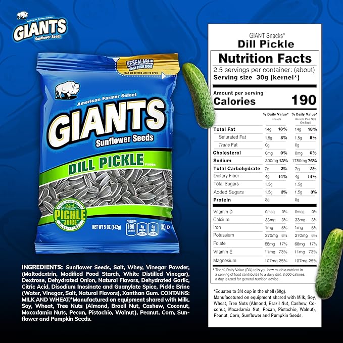 GIANTS Dill Pickle Sunflower Seeds - Sunflower Seeds Bulk, Big Sunflower Seeds to Eat, Roasted & Salted Sunflower Seeds for Eating, Pickle Flavor, 8g Protein Per Serving - 5 oz Bag (Pack of 3)