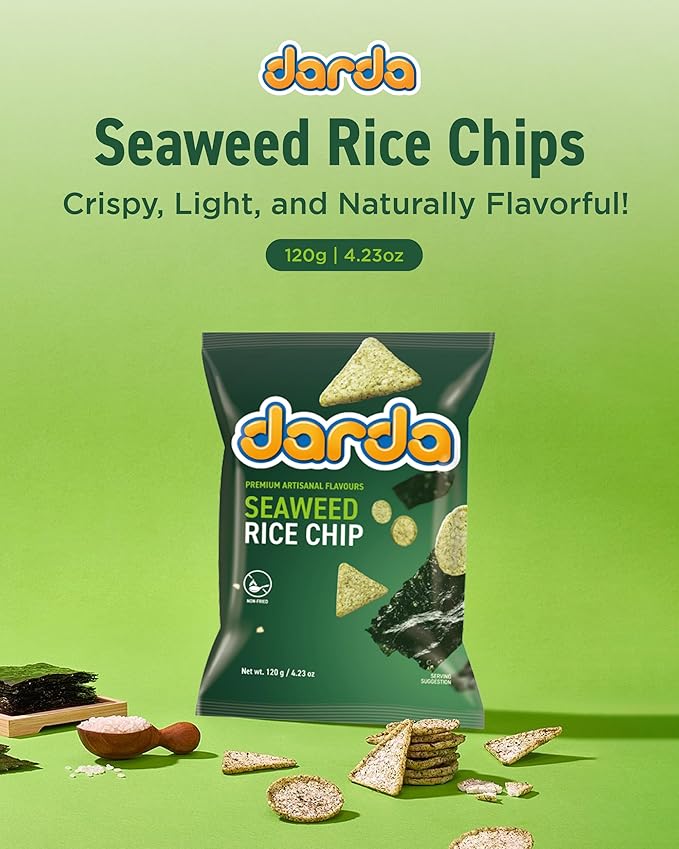 Darda Seaweed Rice Chips- Air-Popped Crispy Rice Chip Snacks with Korean Savory Seaweed Flavor, Low-Calorie Ksnack, Non-Fried, Zero Cholesterol, Light & Crunchy Snack Packs (4.23oz)