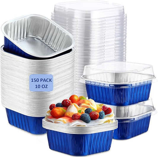 Aoriher 150 Pieces 10 oz Mini Cake Pans with Lids Aluminum Foil Baking Cups Square Disposable 4" x 4" Large Cupcake Cups Baking Tins for Kitchen Brownie Pudding Desserts Holders(Sapphire Blue)