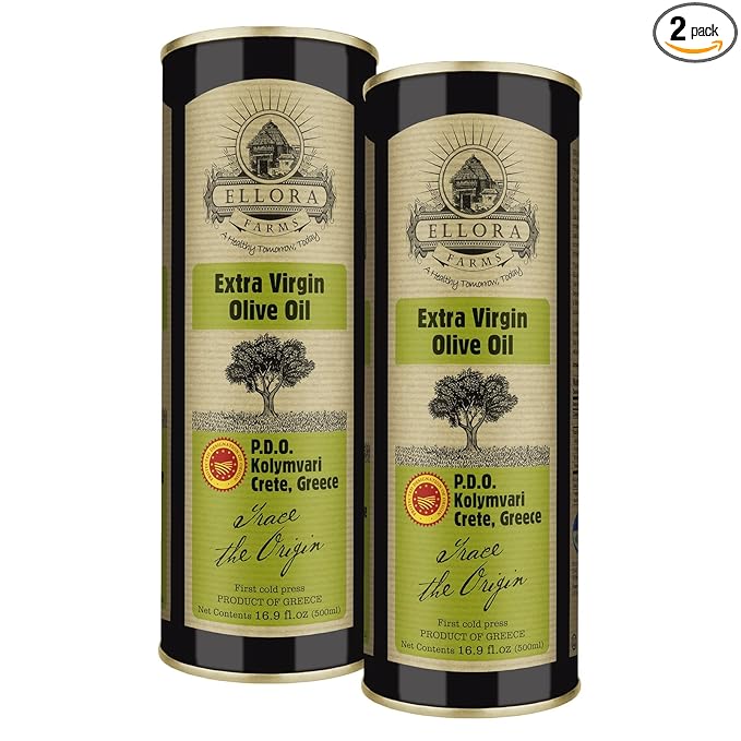 Ellora Farms, Single Estate Extra Virgin Olive Oil, PDO Crete, Greece, Traceable Olive oil, Kosher, 17 oz. Tin, Pack of 2