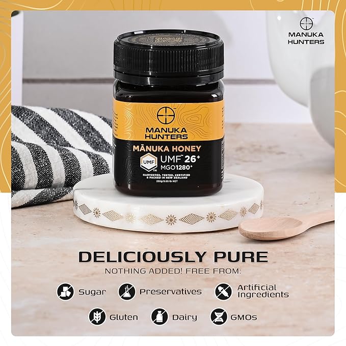 Manuka Hunters UMF 26+/MGO 1280+ Certified New Zealand Manuka Honey - 100% Pure Natural Sweetener - Gluten, Dairy Free - Ideal for Tea, Coffee, Smoothies, and Baking - Sustainable - 8.8oz/250g Jar