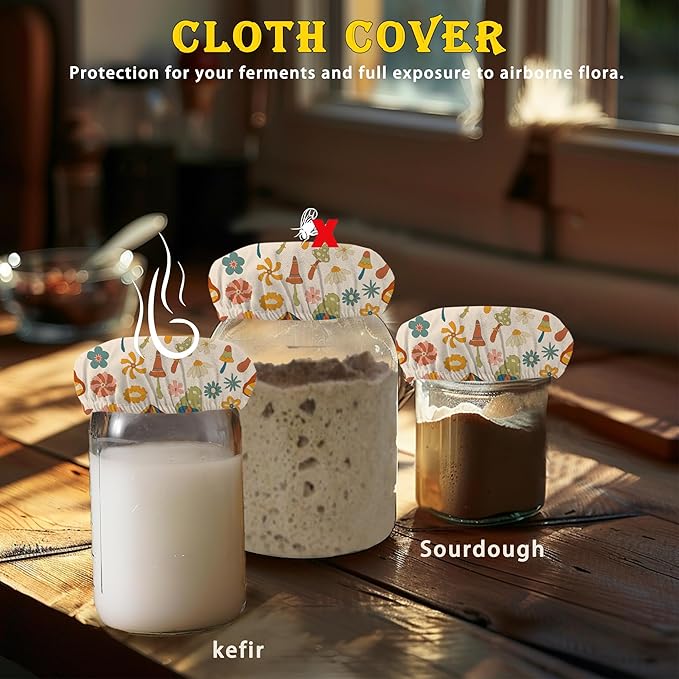 Vintage Mushrooms Sourdough Starter Jar Cloth Covers, Gifts for Women Baker 5 Pack Kit Stretchy Cloth Bowl Lids Fits Jar Mouth Ranging 3"- 4" Inches