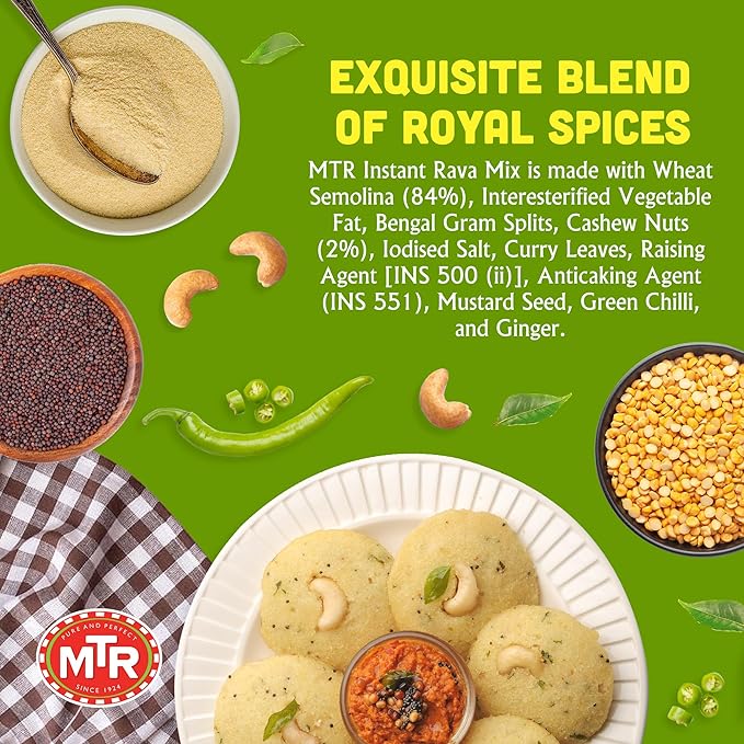 MTR Instant Rava Idli Mix - Ready to Cook Authentic Indian Breakfast, Lunch, Dinner or Snack Meal - No Added Preservatives - A Quick & Easy Recipe Suitable for Vegetarians - (500g, Pack of 2)