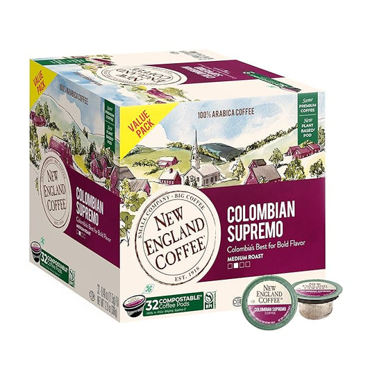 New England Coffee Colombian Supremo Medium Roast Single Serve Pods, 32ct Box (Pack of 1)