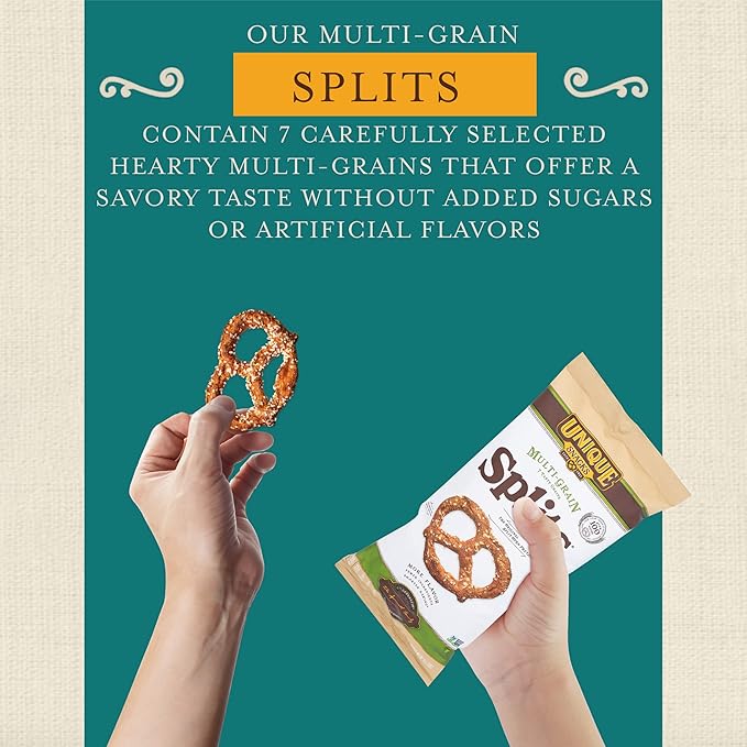 Unique Snacks Multi-Grain Splits Pretzel, Delicious Homestyle Baked Snack Bag, Vegan, OU Kosher, and Non-GMO Food, No Artificial Flavor, 11 Oz. Bag, Pack of 12