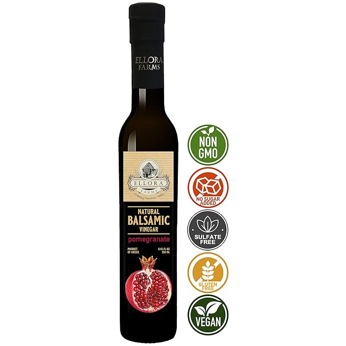 Ellora Farms, Pomegranate Infused Thick Aged Balsamic Vinegar, No-Added Sugar, No-Preservatives, Glass Bottle, 8.45 oz., Pack of 1