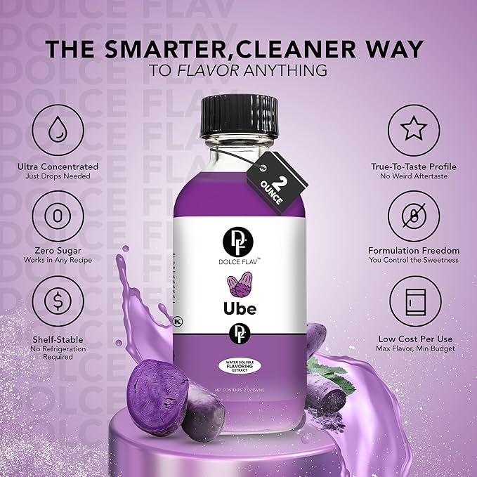 Dolce Flav Purple Ube Extract ??2 Ounce Water-Soluble Kosher, Sugar-Free, Concentrated Sweet Ube Flavoring for Baking, Ice Cream & Pastries, Includes Measured Dropper