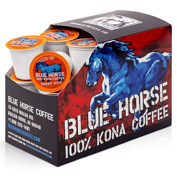 Blue Horse 100% Kona Coffee Pods, Medium Roast, 20ct Single Serve, Compatible with K Cups 2.0, Farm Fresh, Authentic Arabica Beans from Hawaii’s Big Island for a Smooth, Rich Flavor