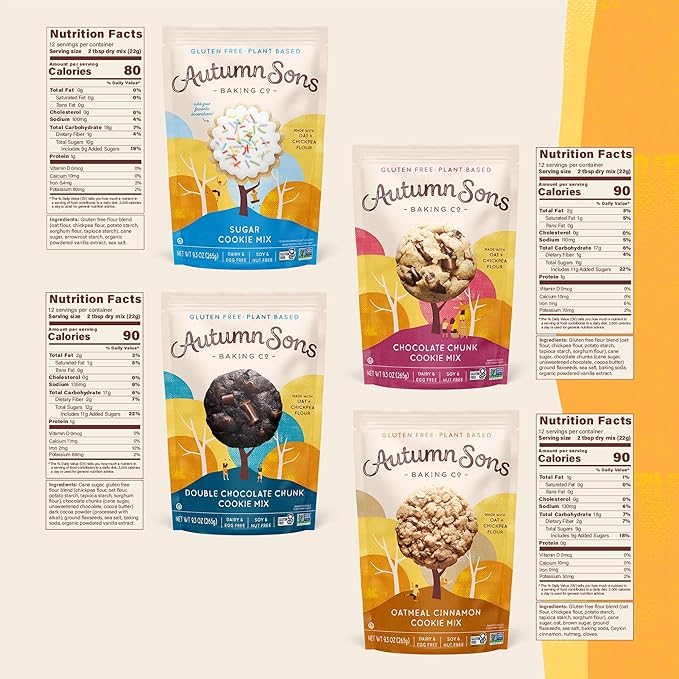 Autumn Sons Baking Co. Gluten Free Cookie Mix Variety Pack. Sugar Cookie, Chocolate Chunk, Double Chocolate Chunk & Oatmeal Cinnamon. Vegan Plant Based Baking Mix. Free From 11 Common Allergens. 9.3 oz (Pack of 4)