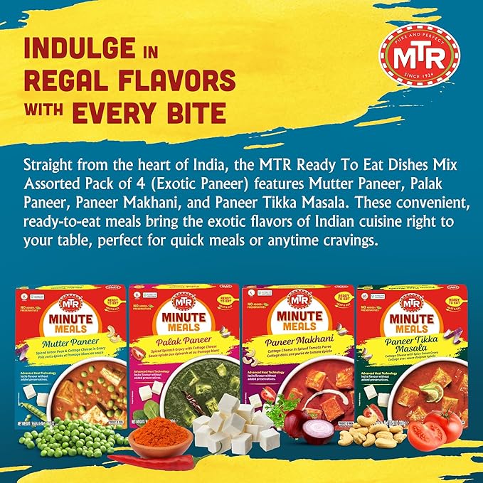 MTR Ready-To-Eat: Exotic Paneer Mix - Assorted Pack of 4 (Mutter Paneer, Palak Paneer, Paneer Makhani, Paneer Tikka Masala) - Authentic Indian Food with No Added Preservatives - Suitable for Vegetarians