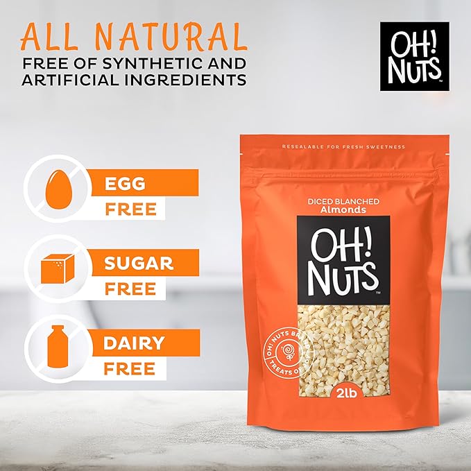 Oh! Nuts Almonds Diced Blanched - Raw - 100% Natural - 2 lb - High-Protein Diced Almonds - Packed in New York Zip-Seal Bag for Exceptional Freshness