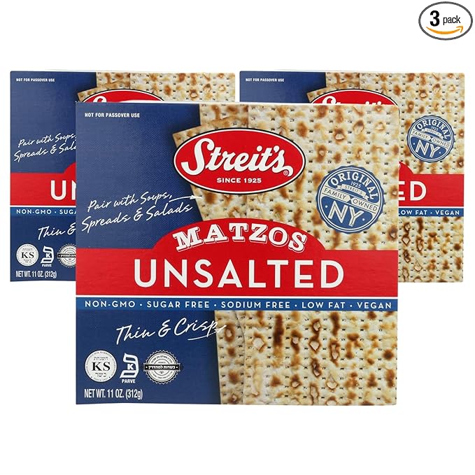 Streit's Unsalted Matzo - Thin & Crispy, Non-GMO, Sodium Free, Low Fat, Vegan, Family Owned, Kosher Certified, Pair with Soups, Spreads & Salads (11oz, Pack of 3)