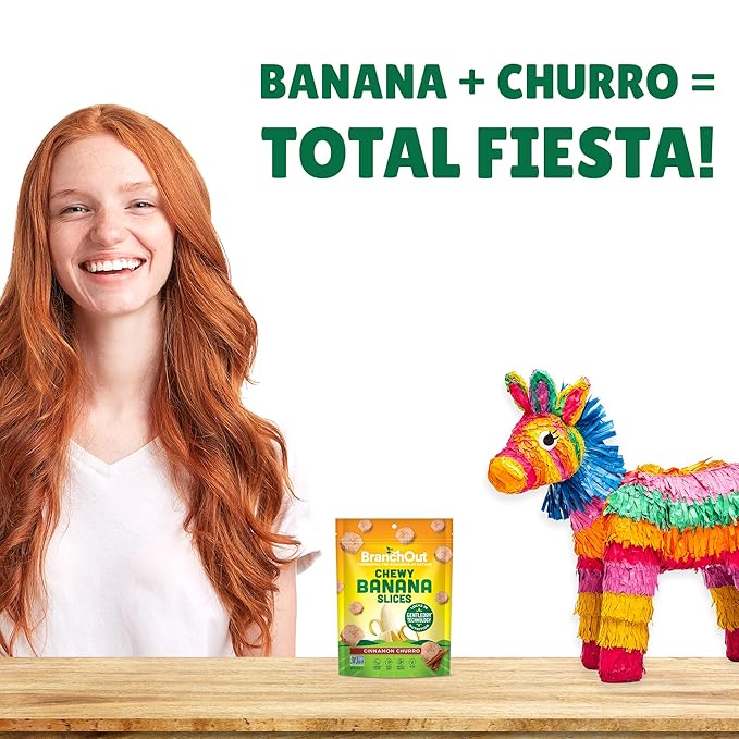 BranchOut Cinnamon Churro Banana Slices, Chewy & Full of Flavor, GentleDry, Better than Freeze Dried Banana Chips, Delicious Vegan Fruit Snacks for Kids & Adults, 2 oz Snack Size (Pack of 8)