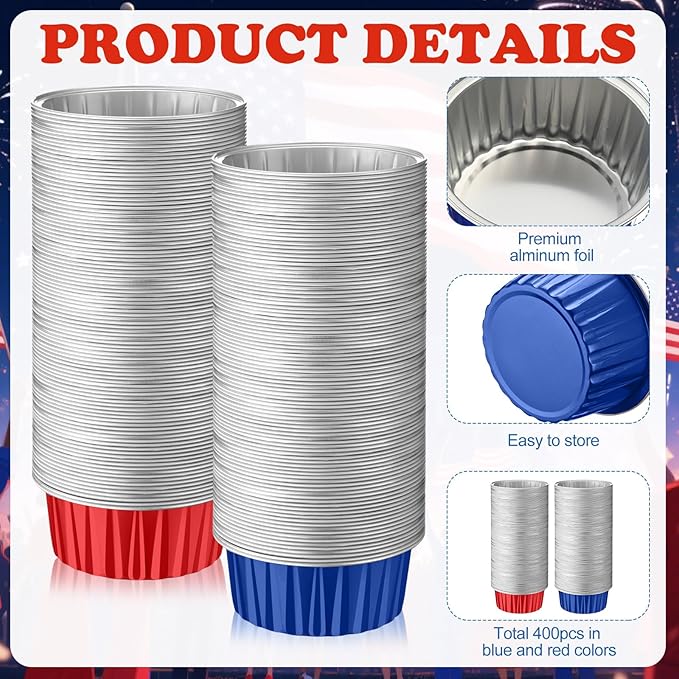 Gejoy 400 Pcs Aluminum Foil Baking Cups with Lids 5 oz Disposable Ramekins Mini Cake Pans Creme Brulee Cupcake Liners Muffin Tins Flan Mold Dessert Container for Wedding(Red and Blue,Classic)