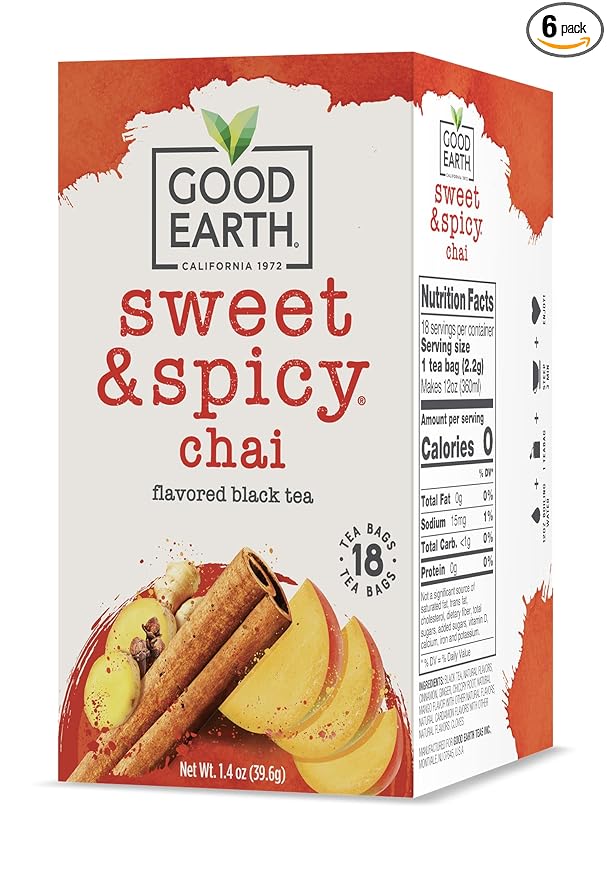 Good Earth Sweet & Spicy, Chai Black Tea, 18 Tea Bags (Pack of 6)