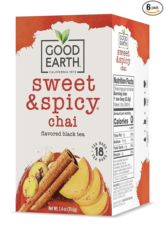Good Earth Sweet & Spicy, Chai Black Tea, 18 Tea Bags (Pack of 6)
