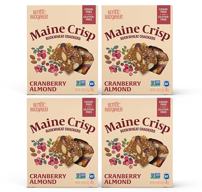Maine Crisp Cranberry Almond Crisps, 4 Pack - Snack Crackers, Grain Free, Non-Gmo - Sweet & Savory Flavor, for Cheese Boards, Salad Toppings & Jams