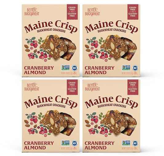 Maine Crisp Cranberry Almond Crisps, 4 Pack - Snack Crackers, Grain Free, Non-Gmo - Sweet & Savory Flavor, for Cheese Boards, Salad Toppings & Jams