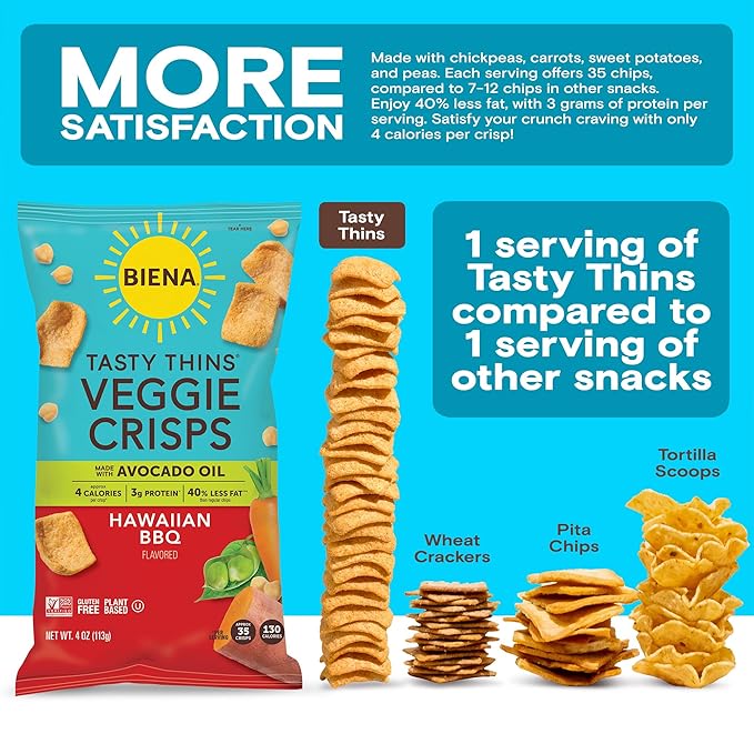 BIENA Tasty Thins Veggie Crisps ??Hawaiian BBQ, 4-Pack, 4 oz Bags ??Chickpeas & Veggies, Vegan, Gluten Free, Dairy-Free, Non-GMO, Allergy-Friendly, Healthy Snacks for Adults and Kids