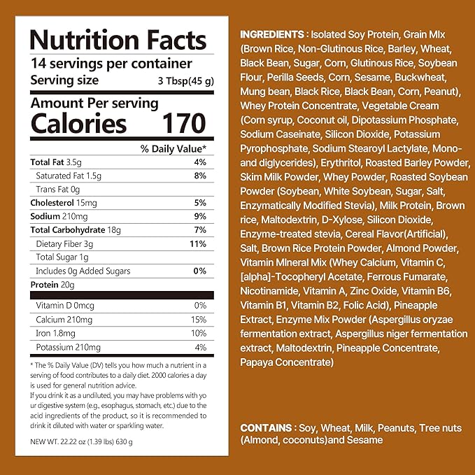 Brown 17Grains Protein Shake, 20g Protein, Low Sugar, Keto-Friendly Meal Replacement Shake, 22.22oz, 14 Servings, With Crunchy Protein Balls