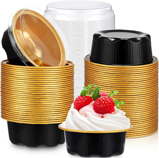 Eaasty 150 Pcs Baking Cups with Lids, 1.6 oz Muffin Cupcake Liners Aluminum Foil Mini Cake Pans Small Disposable Ramekins Flan Containers with Lids for Christmas, Birthday, Various Holiday(Black Gold)