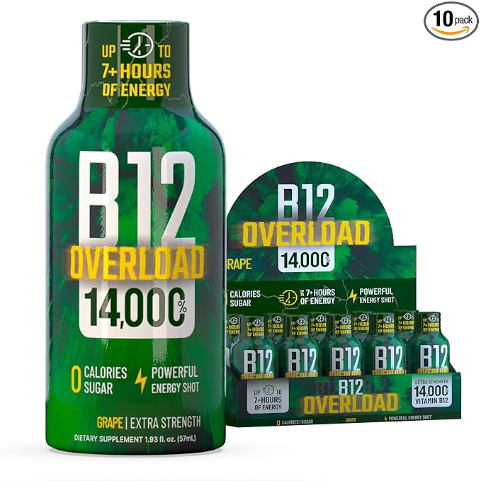B12 Overload Extra Strength Energy Shot ??Grape ??260mg Caffeine, 14000% B12, Electrolytes ??Energy & Vitality Support ??Zero Sugar No Calories ??Vegan, Kosher, Gluten-Free ??1.93 fl oz, 10-Pack
