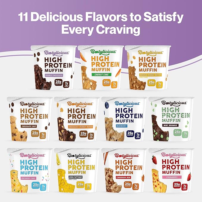 Bootylicious | High-Protein Muffin | 25g Protein, 7g Net Carbs, 2.32-2.75oz Cup, 12-Pack (Double Chocolate)