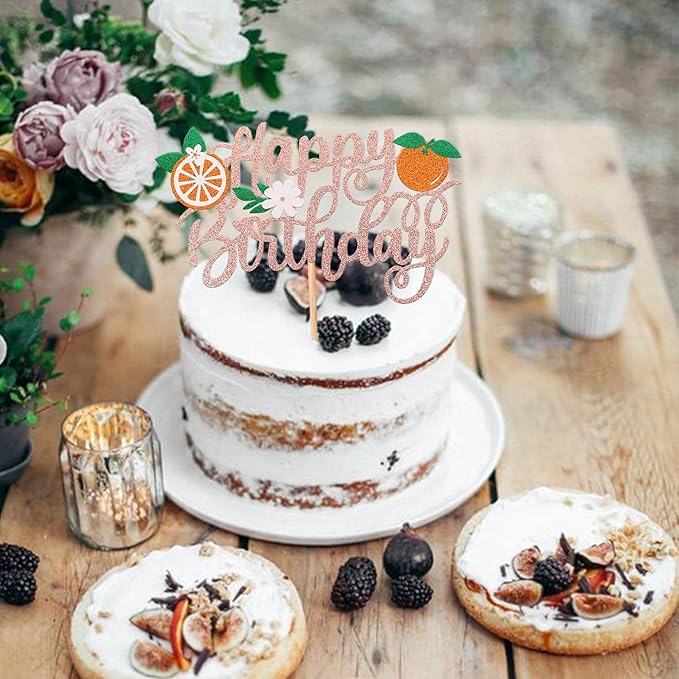 1 Pack Orange Cake Topper Glitter Happy Birthday Cake Pick for Fruit Theme Baby Shower Kids Birthday Party Tangerine Fruit Party Cake Decorations Supplies Rose Gold