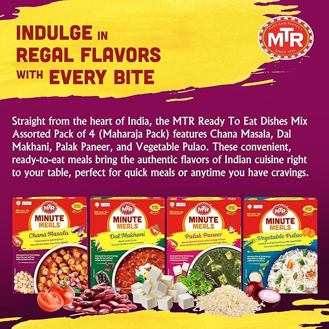 MTR Ready-To-Eat: Maharaja Pack - Assorted Pack of 4 (Chana Masala, Dal makhani, Palak Paneer, Vegetable Pulao) - Authentic Indian Food with No Added Preservatives - Suitable for Vegetarians