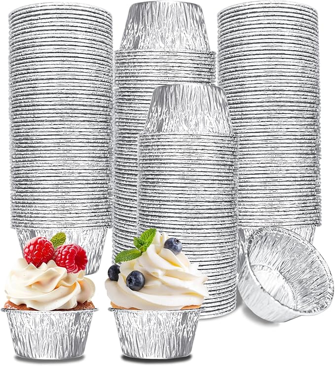 Aluminum Foil Baking Cups 150 Pcs, VIHOYOM 3 Oz Disposable Ramekin Aluminum Cupcake liners, Silver Foil Baking Cups Muffin Liners for Egg Tart, Baking, Cupcake, Pudding, Appetize