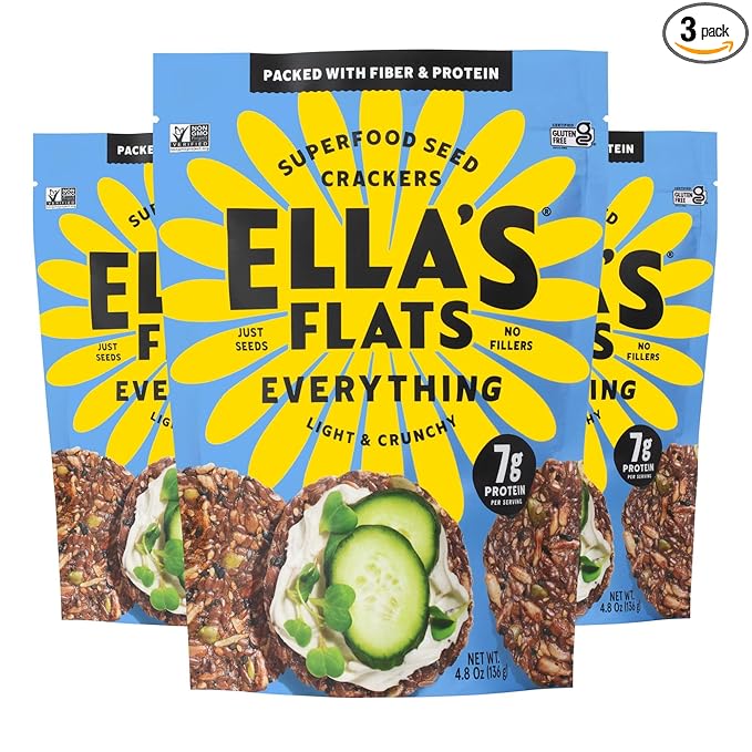 ELLA’S FLATS® Everything All Seed Savory Crisps – All Natural, Gluten Free, Good Source of Protein, High Fiber, Vegan and Keto Friendly (3 Pack)