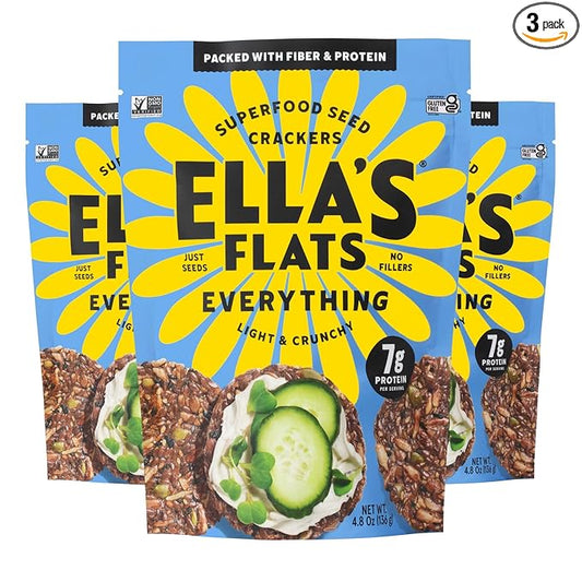 ELLA’S FLATS® Everything All Seed Savory Crisps – All Natural, Gluten Free, Good Source of Protein, High Fiber, Vegan and Keto Friendly (3 Pack)