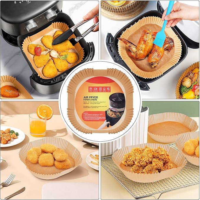 Air Fryer Liners Disposable 7.9??Square Airfryer Liners, 100 Pcs Air Fryer Parchment Paper Liners, Non-Stick airfryer paper liners, Air Fryer Cheat Sheet Magnets Over 200 Foods (Air Fryer Accessories)