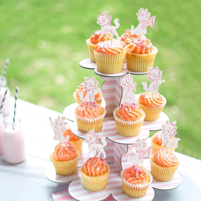 24PCS Cat Cupcake Toppers Shiny Pink Cat Baby Shower Cupcake Selection Cute Cat Theme Princess Theme Bridal Shower Wedding Anniversary Party Decoration Pink