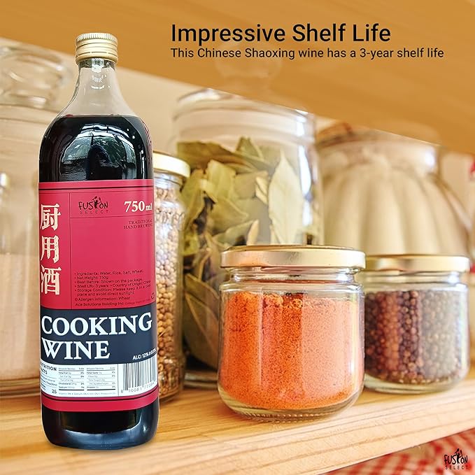 Fusion Select Authentic 750ML Chinese Cooking Wine - Traditional Hand-Brewed Shaoxing Rice Wine for Marinades, Deglazing, Stir Fries, Soups, Stews, Asian-Inspired Dishes - 25 Servings per Bottle